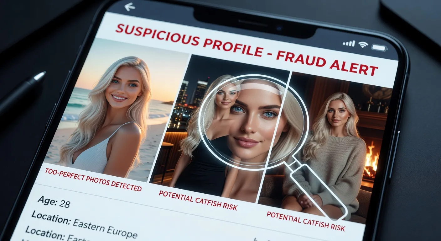 Smartphone affichant un profil de femme russe suspect avec photos trop parfaites